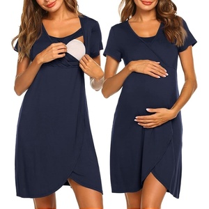 Nursing Nightgown Short Sleeve Breasfeeding Birthing Gown Maternity Dress(Navy Blue)