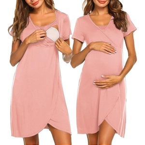 Nursing Nightgown Short Sleeve Breasfeeding Birthing Gown Maternity Dress(Pink)