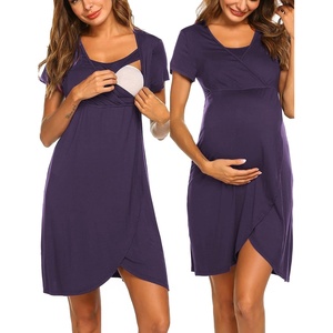 Nursing Nightgown Short Sleeve Breasfeeding Birthing Gown Maternity Dress(Purple)