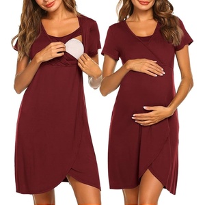 Nursing Nightgown Short Sleeve Breasfeeding Birthing Gown Maternity Dress(Wine Red)