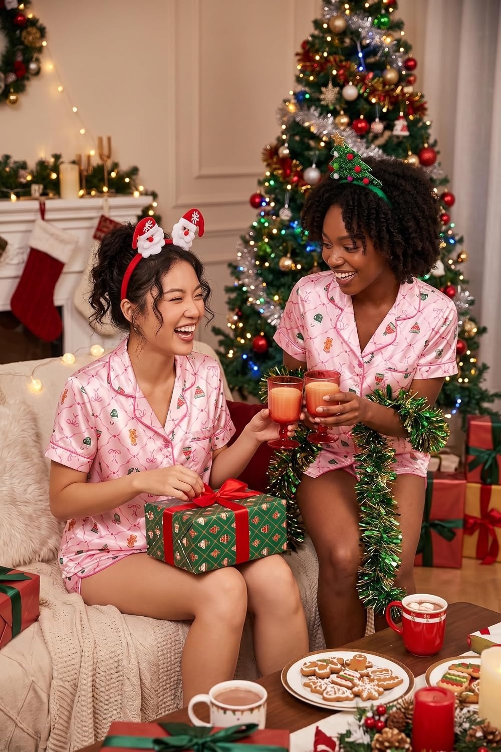 image:imageEkouaer Christmas Pajamas for Women Silk Satin 2 Piece Holiday Pjs SetPink Christmas Gingerbread