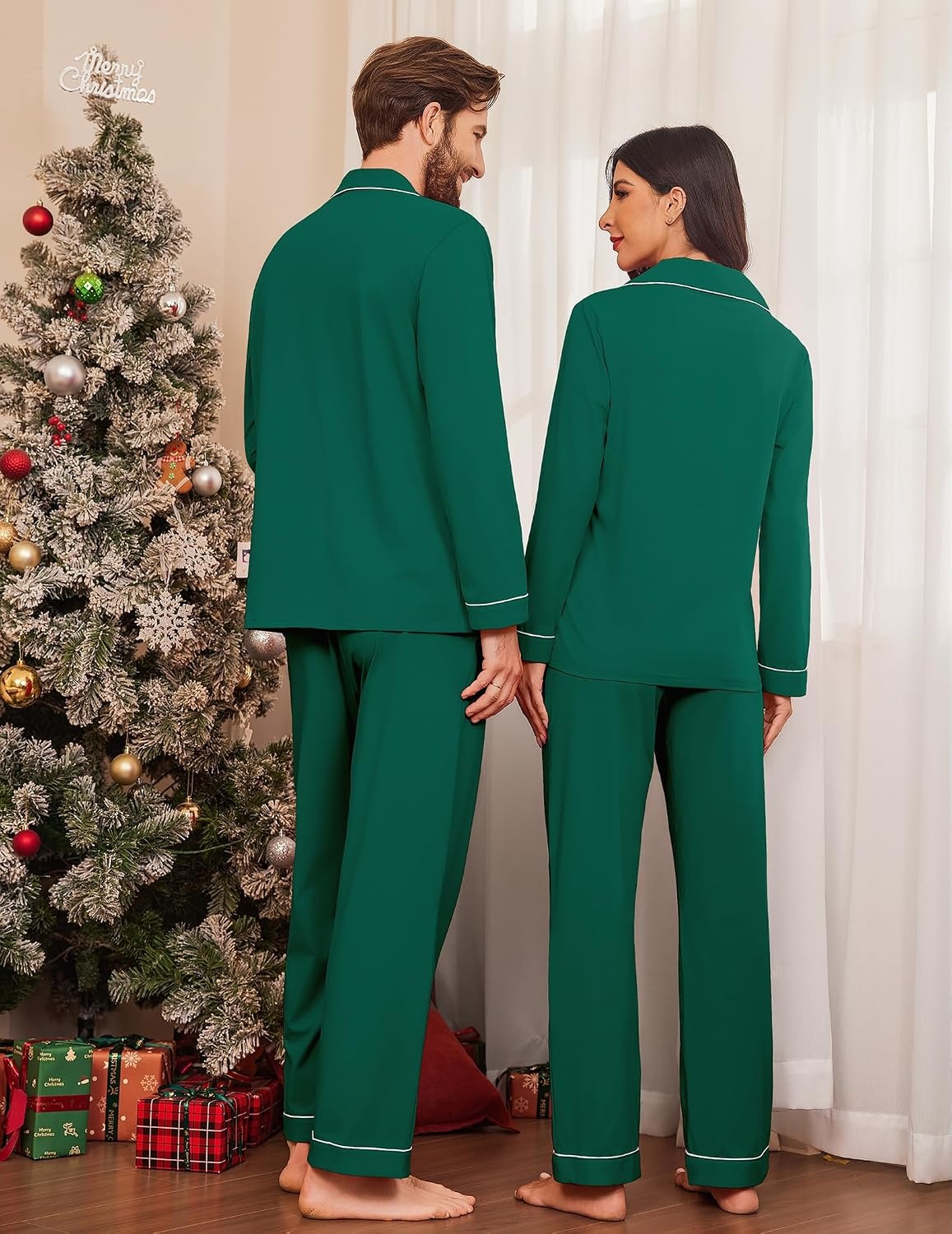 image:imageEkouaer Couple Matching Pajamas 100 Cotton Long Sleeve Loungewear Pj SetsGreen