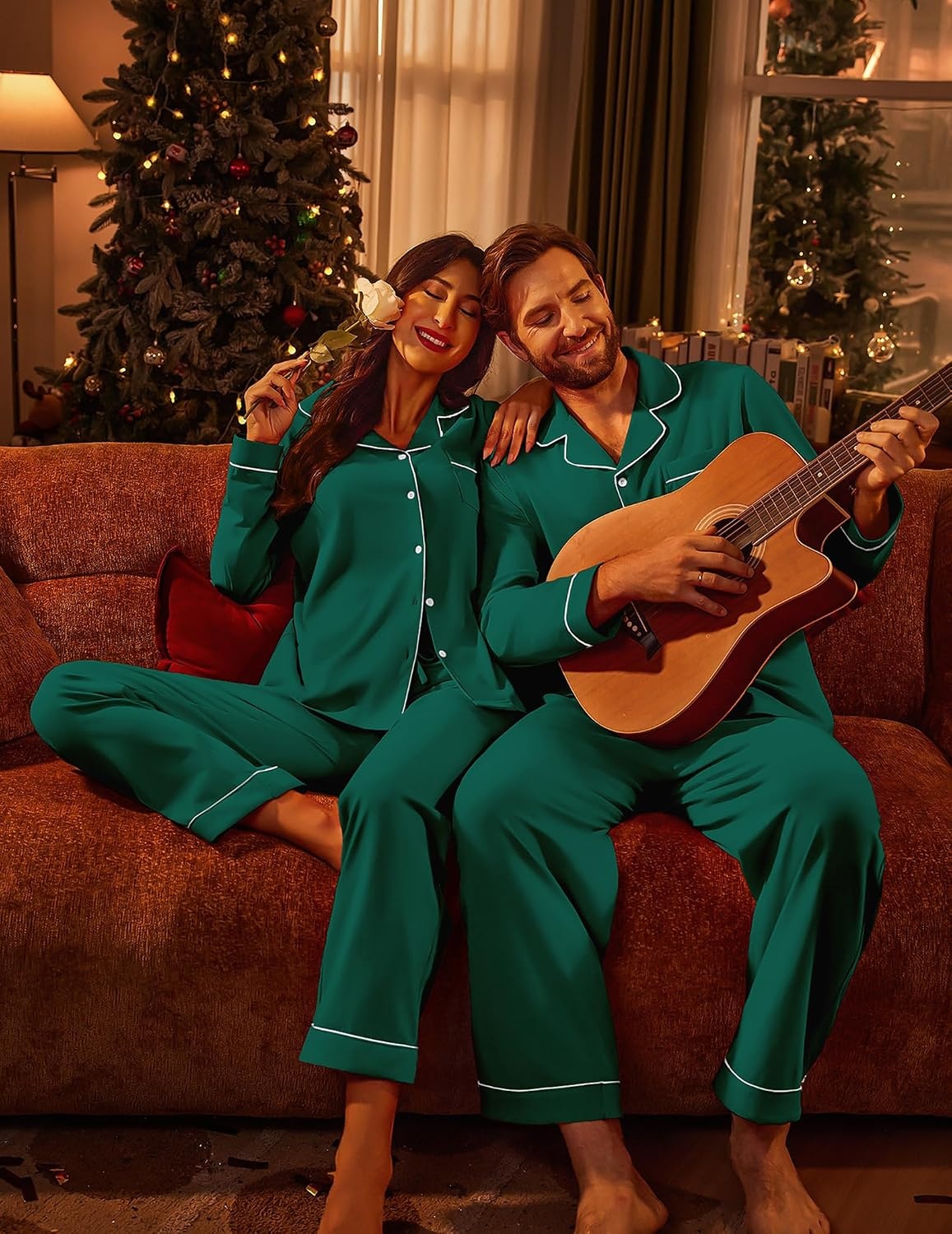 image:imageEkouaer Couple Matching Pajamas 100 Cotton Long Sleeve Loungewear Pj SetsGreen
