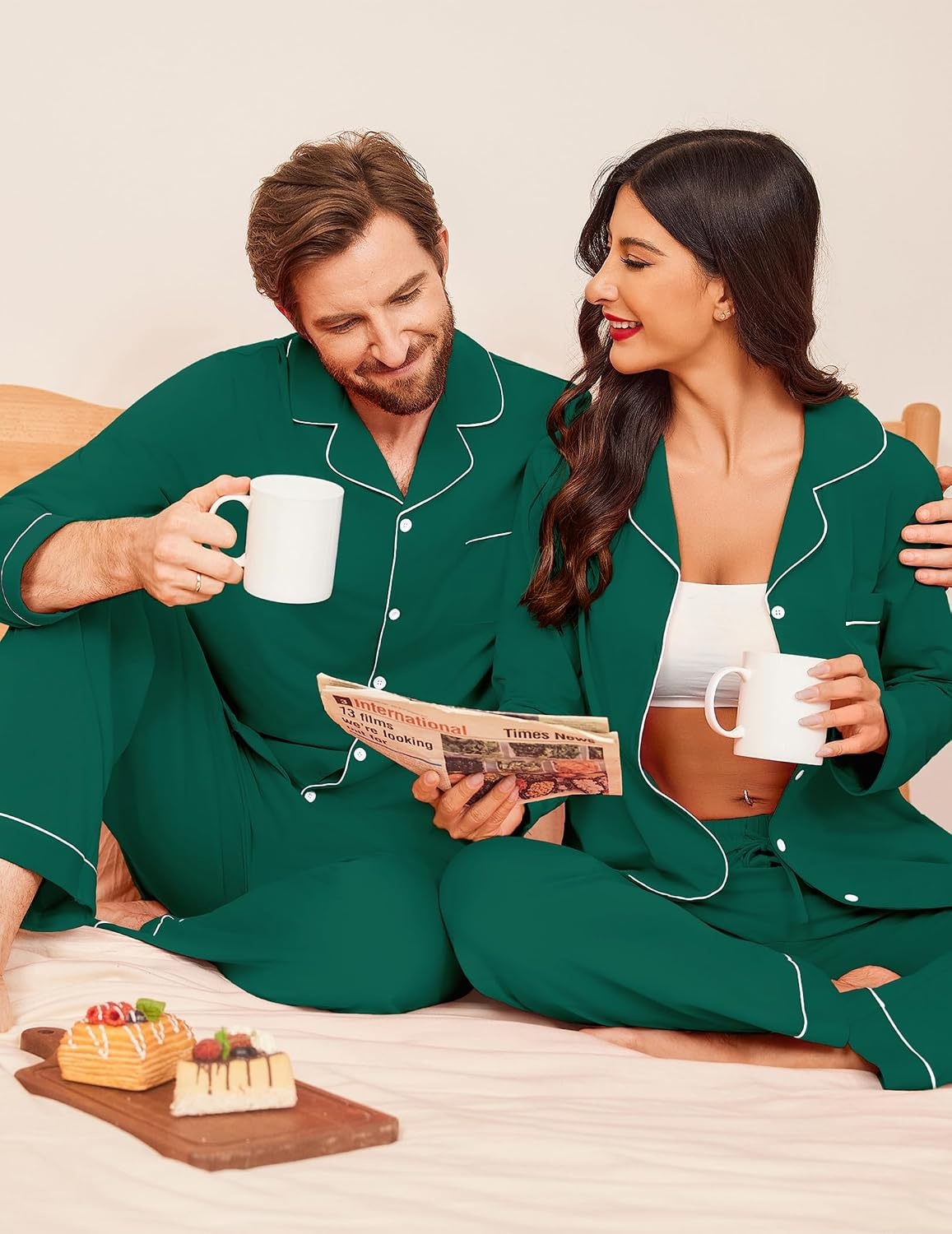 image:imageEkouaer Couple Matching Pajamas 100 Cotton Long Sleeve Loungewear Pj SetsGreen
