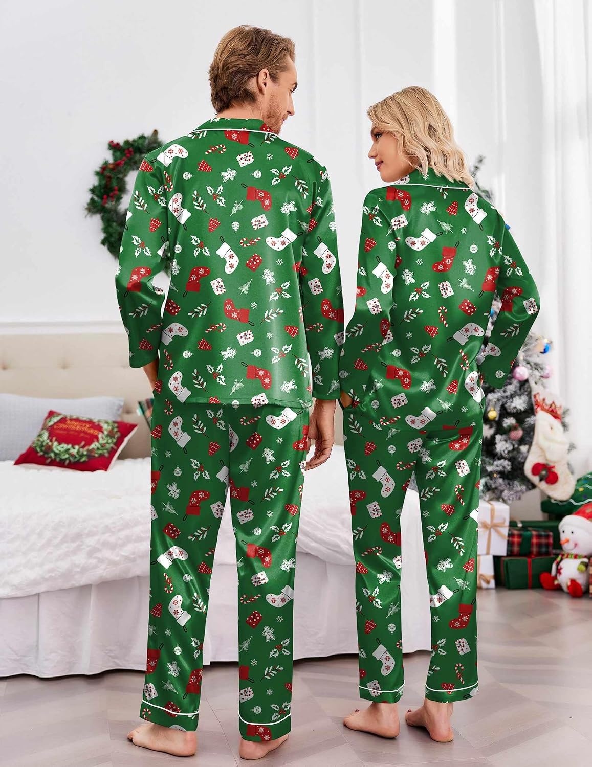image:imageEkouaer Couples Matching Pajamas Silk Long Sleeve Sleepwear Satin Pjs SetChristmas Green Print