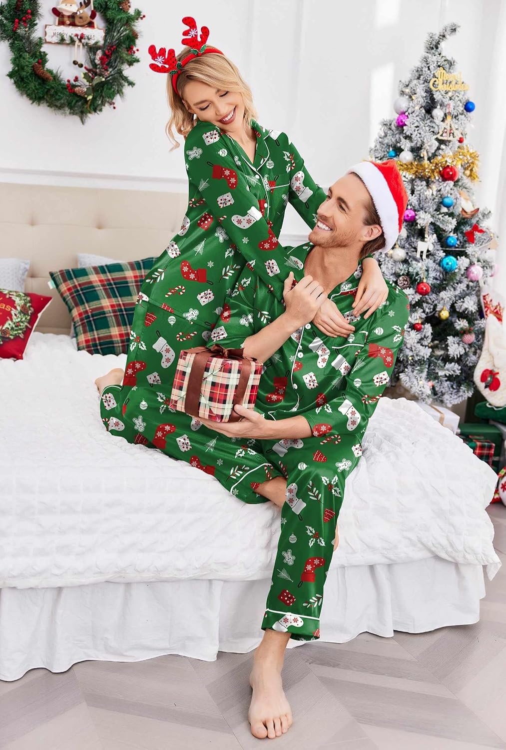 image:imageEkouaer Couples Matching Pajamas Silk Long Sleeve Sleepwear Satin Pjs SetChristmas Green Print