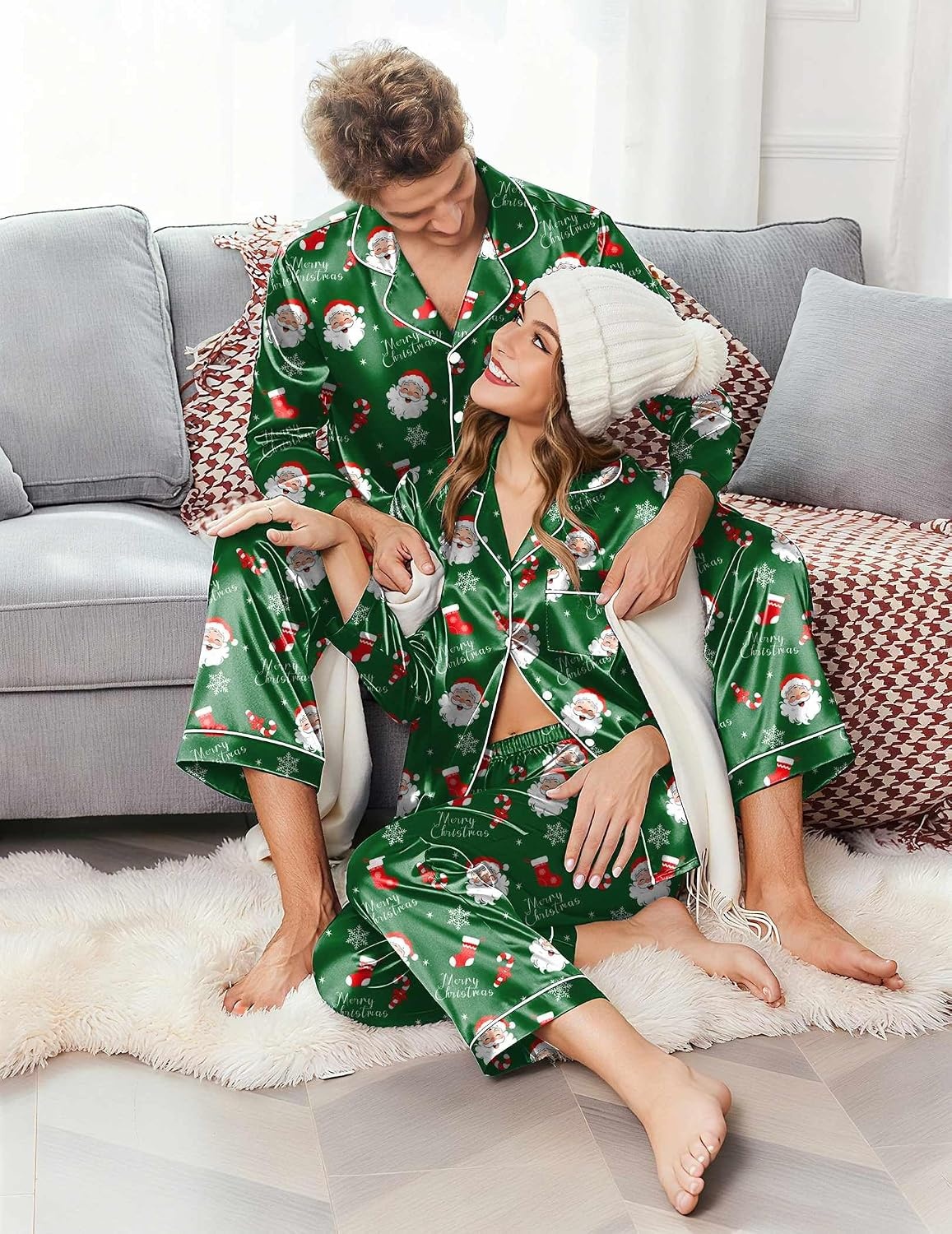 image:imageEkouaer Couples Matching Pajamas Silk Long Sleeve Sleepwear Satin Pjs SetChristmas Green Santa