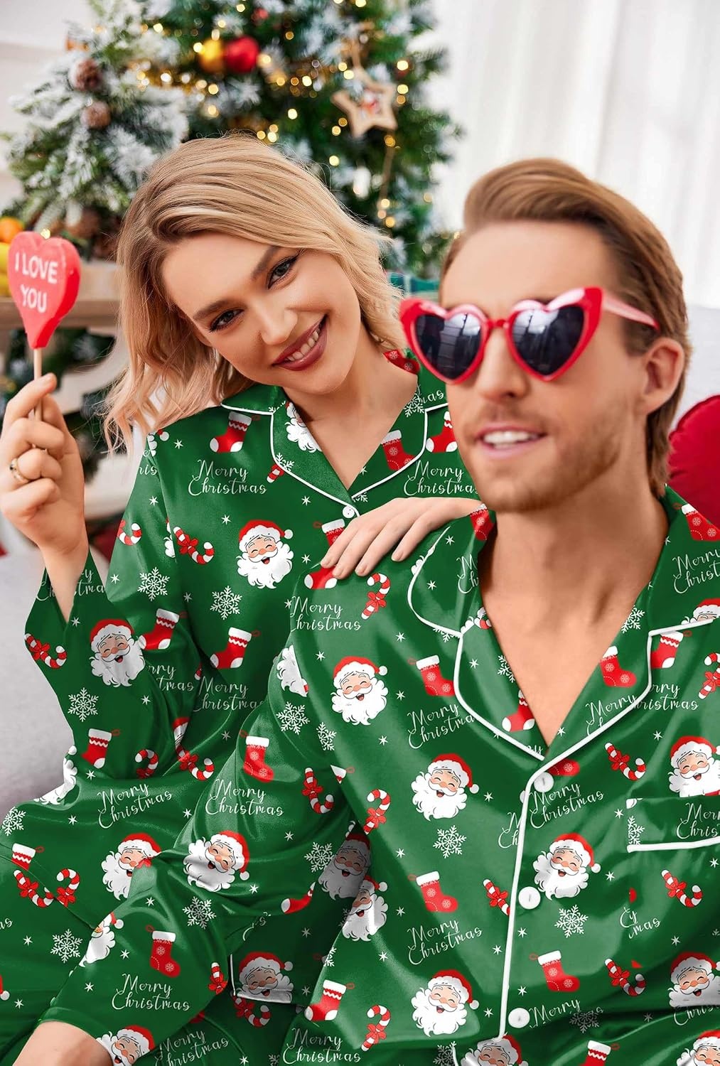 image:imageEkouaer Couples Matching Pajamas Silk Long Sleeve Sleepwear Satin Pjs SetChristmas Green Santa