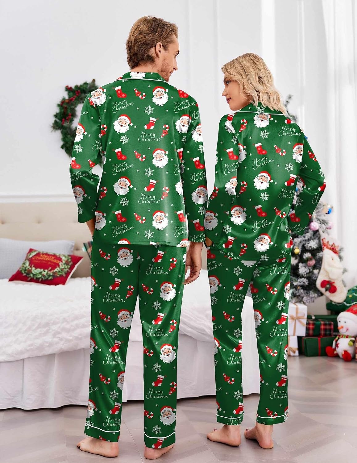 image:imageEkouaer Couples Matching Pajamas Silk Long Sleeve Sleepwear Satin Pjs SetChristmas Green Santa