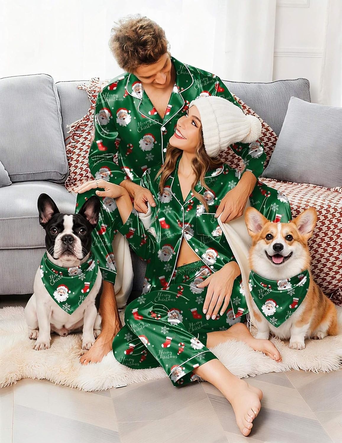 image:imageEkouaer Couples Matching Pajamas Silk Long Sleeve Sleepwear Satin Pjs SetChristmas Green Santa