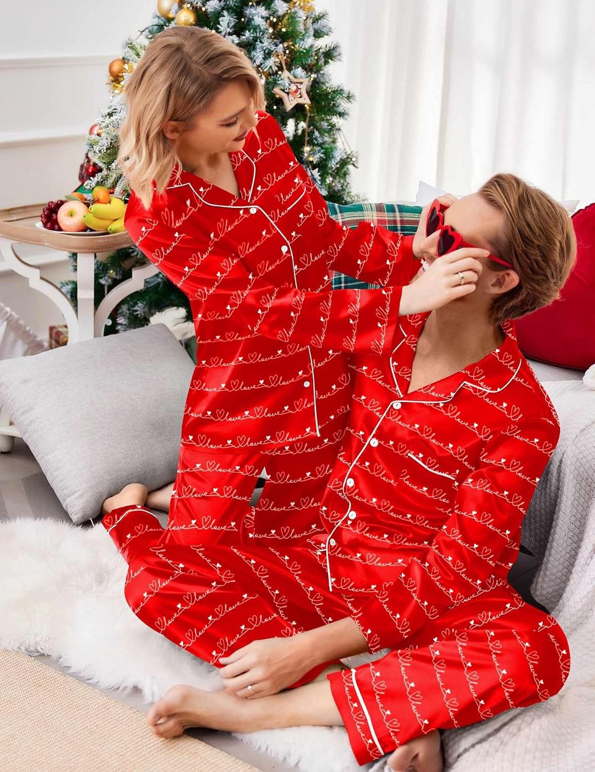 image:imageEkouaer Couples Matching Pajamas Silk Long Sleeve Sleepwear Satin Pjs SetRed Heart
