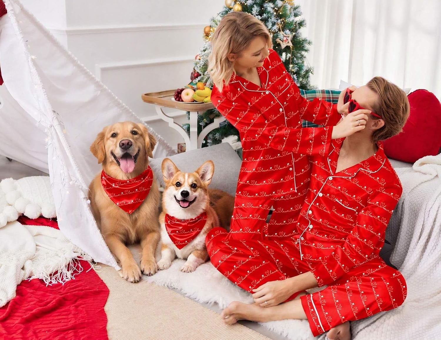image:imageEkouaer Couples Matching Pajamas Silk Long Sleeve Sleepwear Satin Pjs SetRed Heart