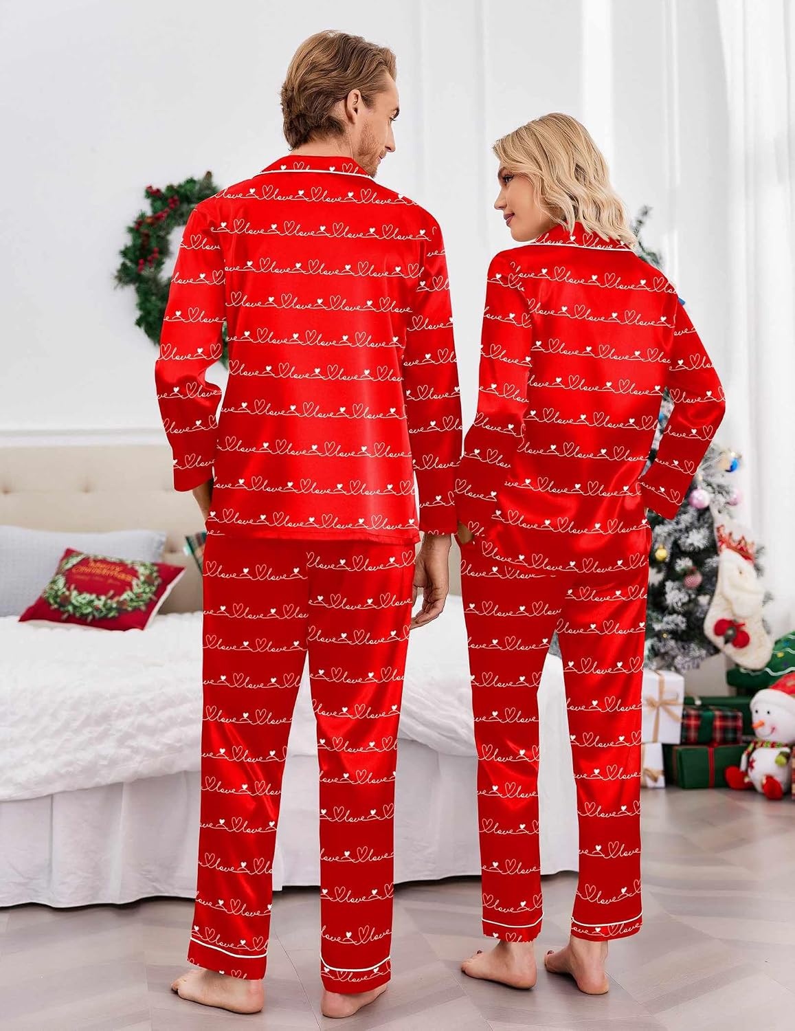 image:imageEkouaer Couples Matching Pajamas Silk Long Sleeve Sleepwear Satin Pjs SetRed Heart