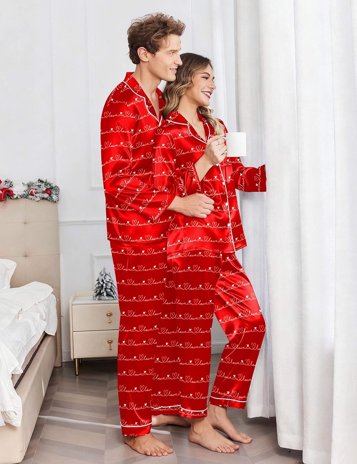 image:imageEkouaer Couples Matching Pajamas Silk Long Sleeve Sleepwear Satin Pjs SetRed Heart
