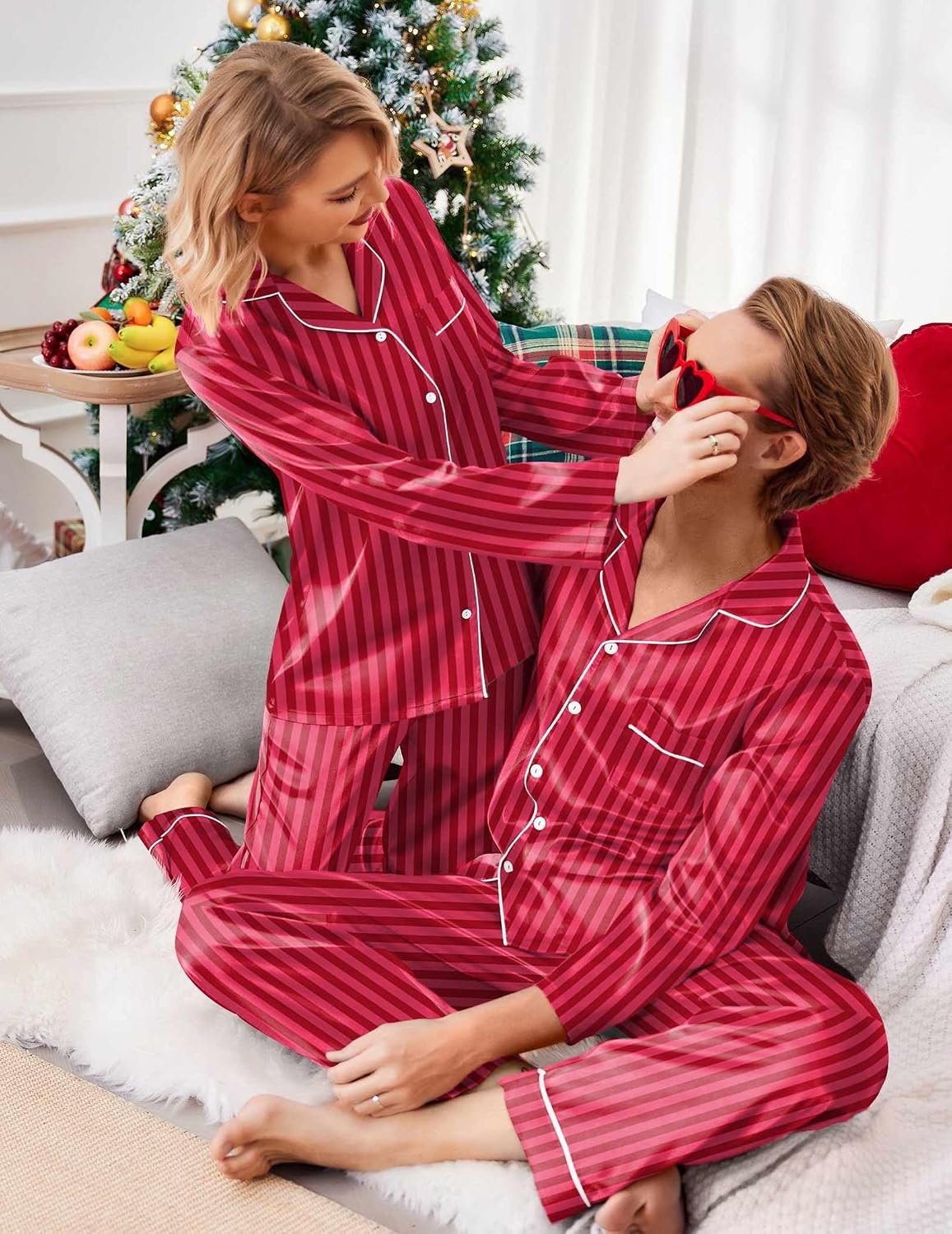 image:imageEkouaer Couples Matching Pajamas Silk Long Sleeve Sleepwear Satin Pjs SetRed Striped