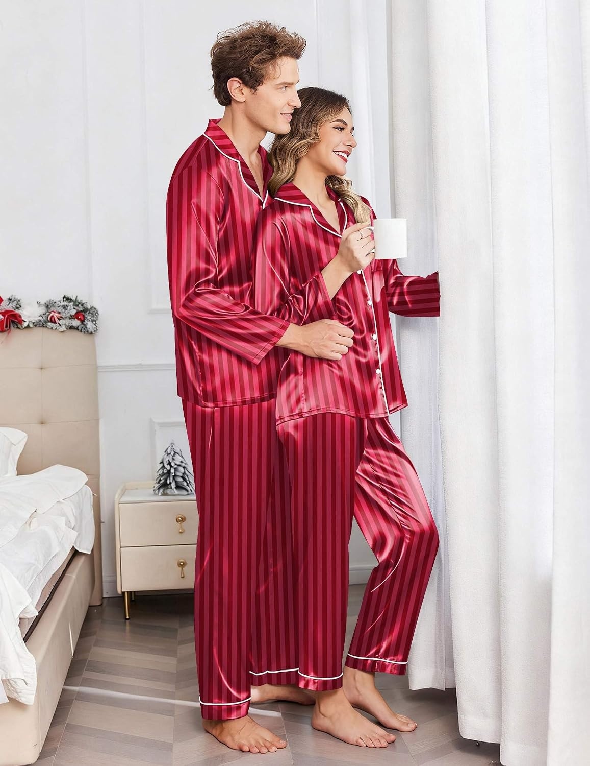 image:imageEkouaer Couples Matching Pajamas Silk Long Sleeve Sleepwear Satin Pjs SetRed Striped