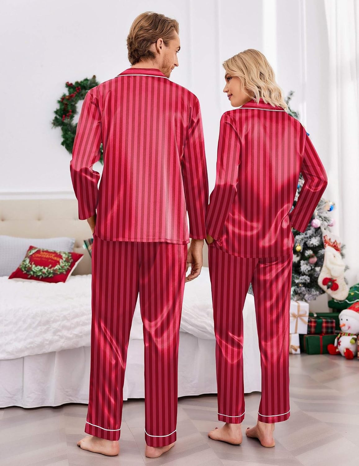 image:imageEkouaer Couples Matching Pajamas Silk Long Sleeve Sleepwear Satin Pjs SetRed Striped