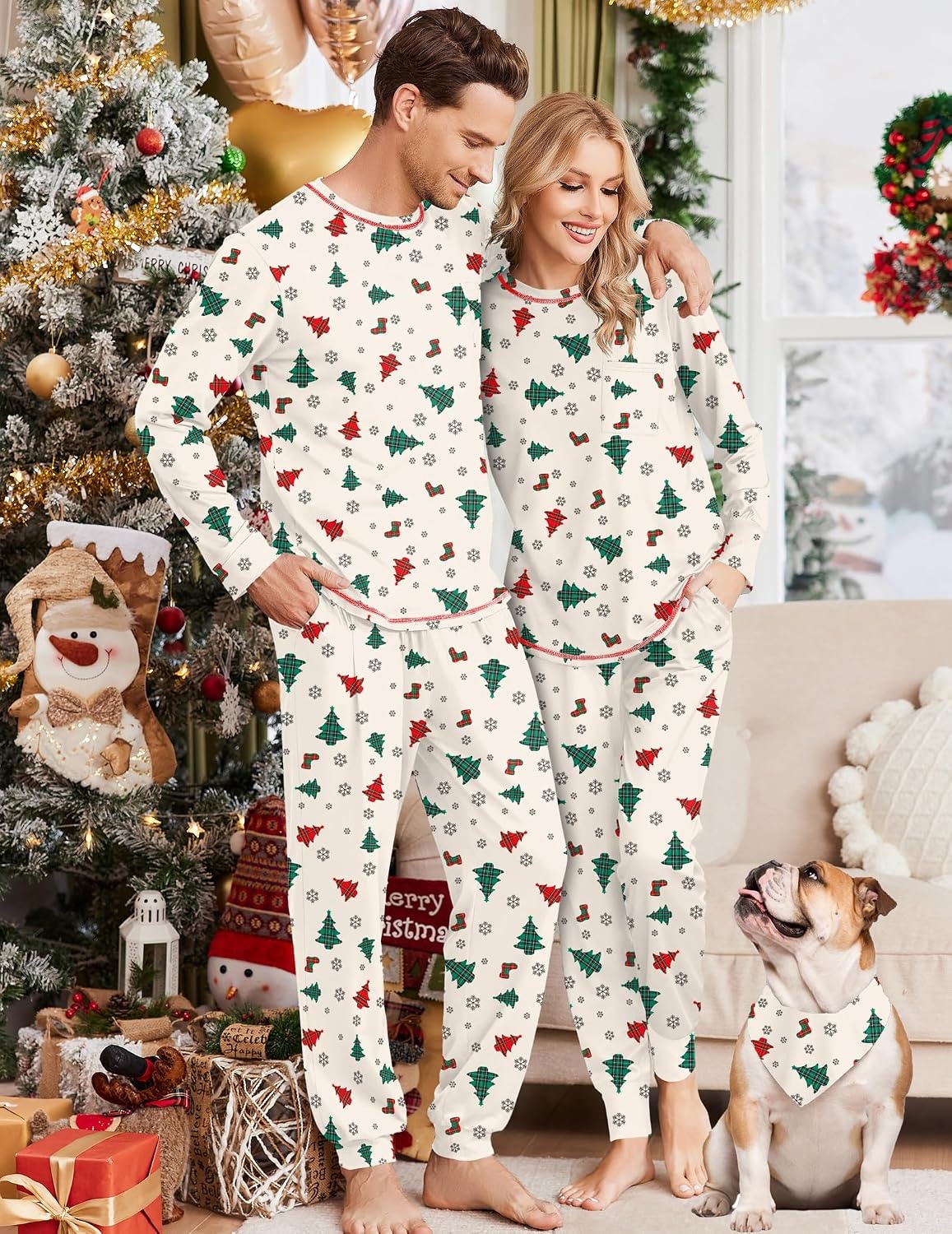image:imageEkouaer Family Christmas Pajamas Matching Sets Long Sleeve Holiday PjsChristmas Tree on Beige