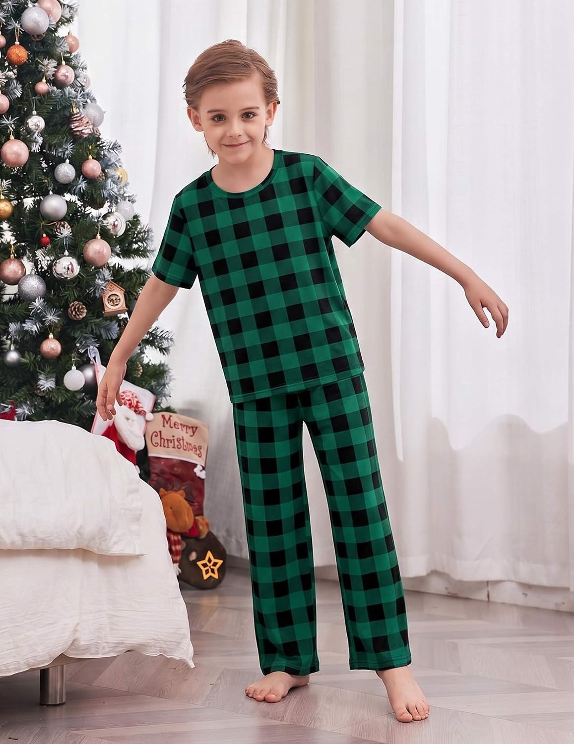 image:imageEkouaer Family Christmas Pajamas Matching sets Soft Pjs Holiday Lounge SetsGreen Black Plaid