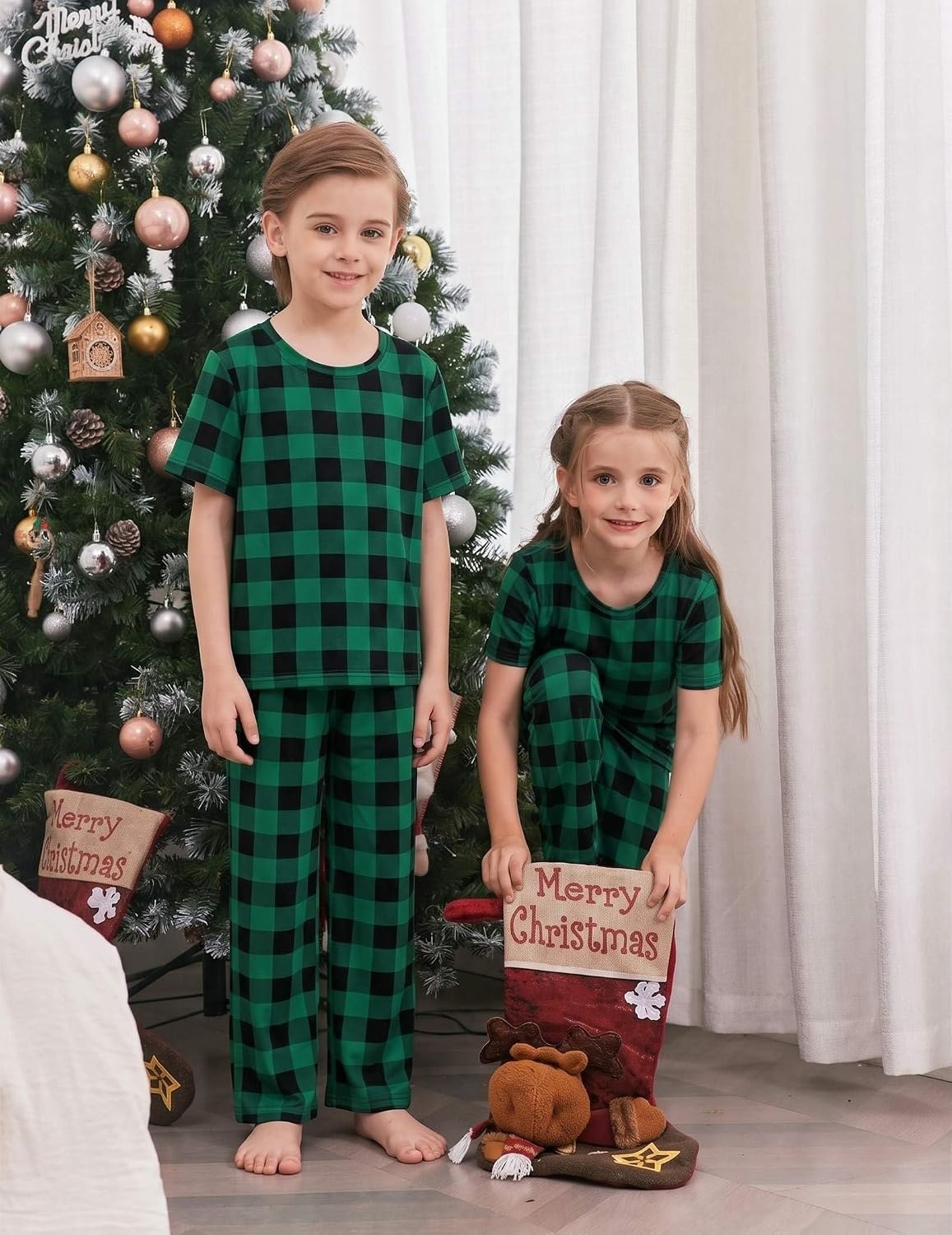 image:imageEkouaer Family Christmas Pajamas Matching sets Soft Pjs Holiday Lounge SetsGreen Black Plaid