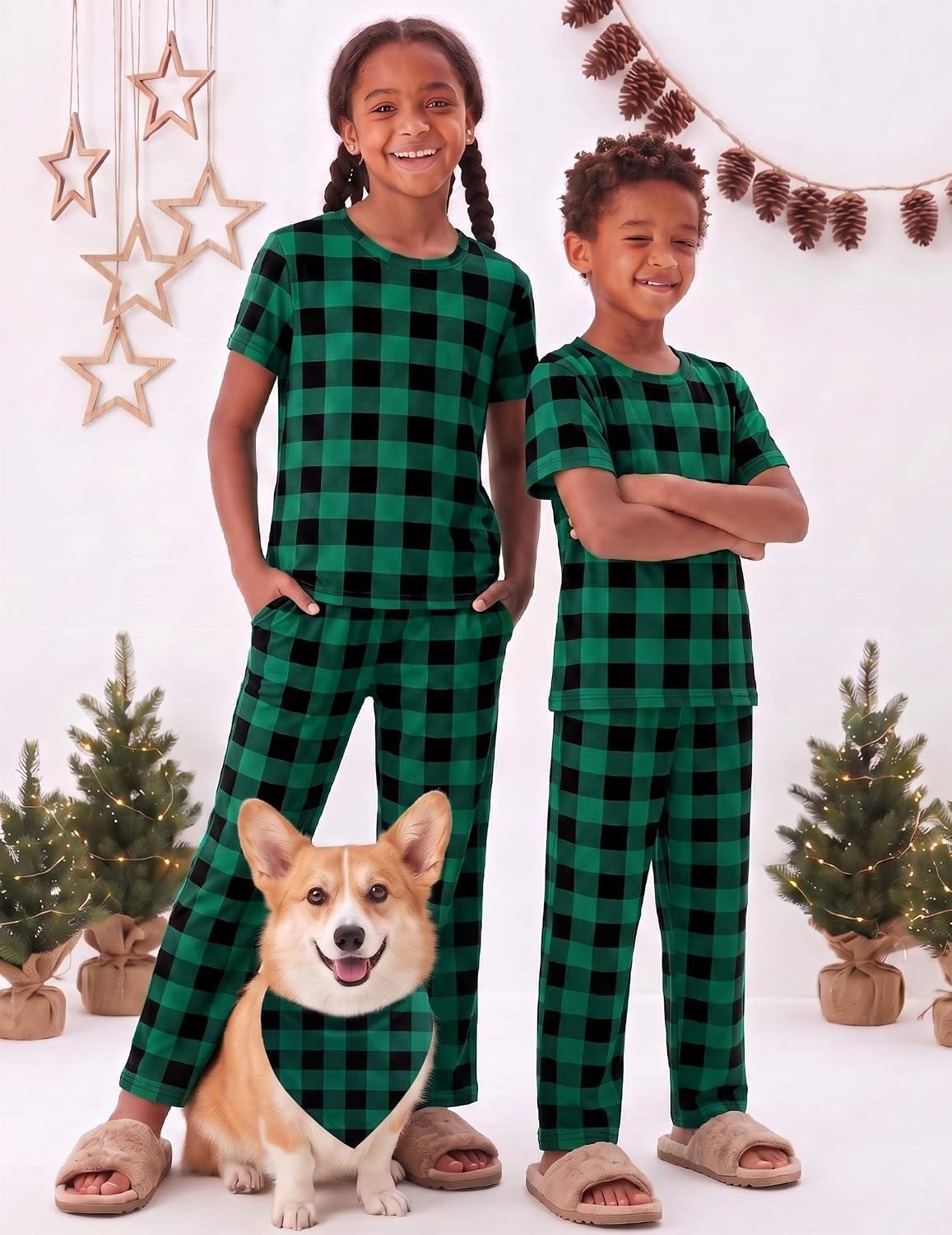 image:imageEkouaer Family Christmas Pajamas Matching sets Soft Pjs Holiday Lounge SetsGreen Black Plaid
