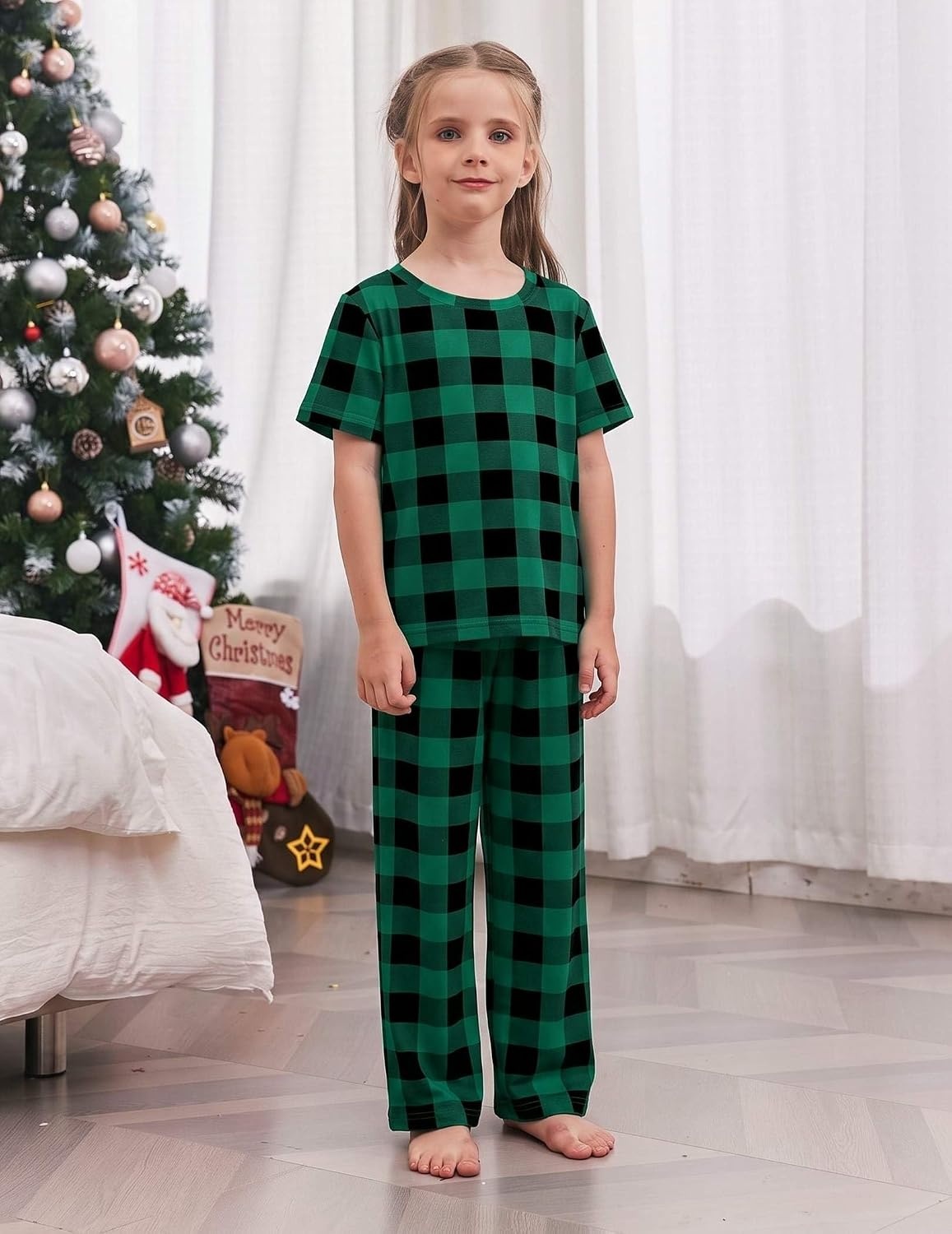 image:imageEkouaer Family Christmas Pajamas Matching sets Soft Pjs Holiday Lounge SetsGreen Black Plaid