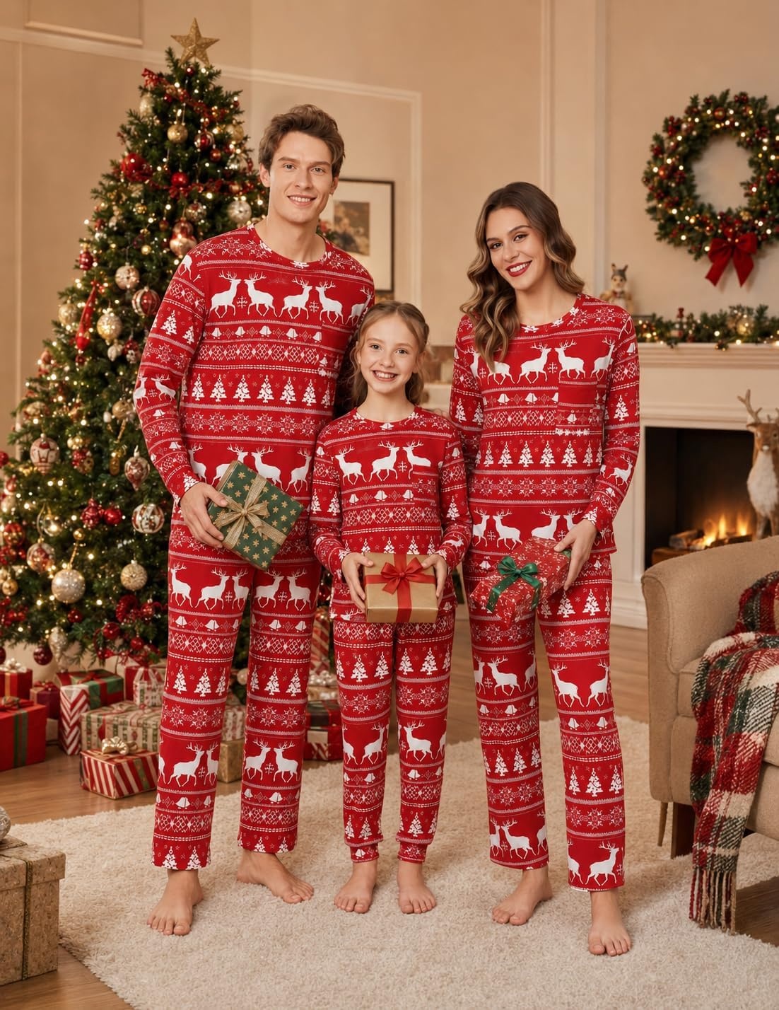 image:imageEkouaer Matching Family Sets Christmas Pajamas Set Xmas PJS SleepwearChristmas Reindeer Bell Redwhite