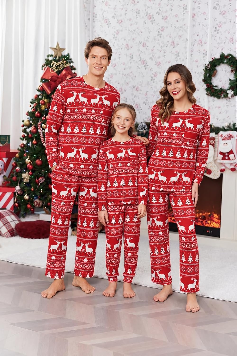 image:imageEkouaer Matching Family Sets Christmas Pajamas Set Xmas PJS SleepwearChristmas Reindeer Bell Redwhite
