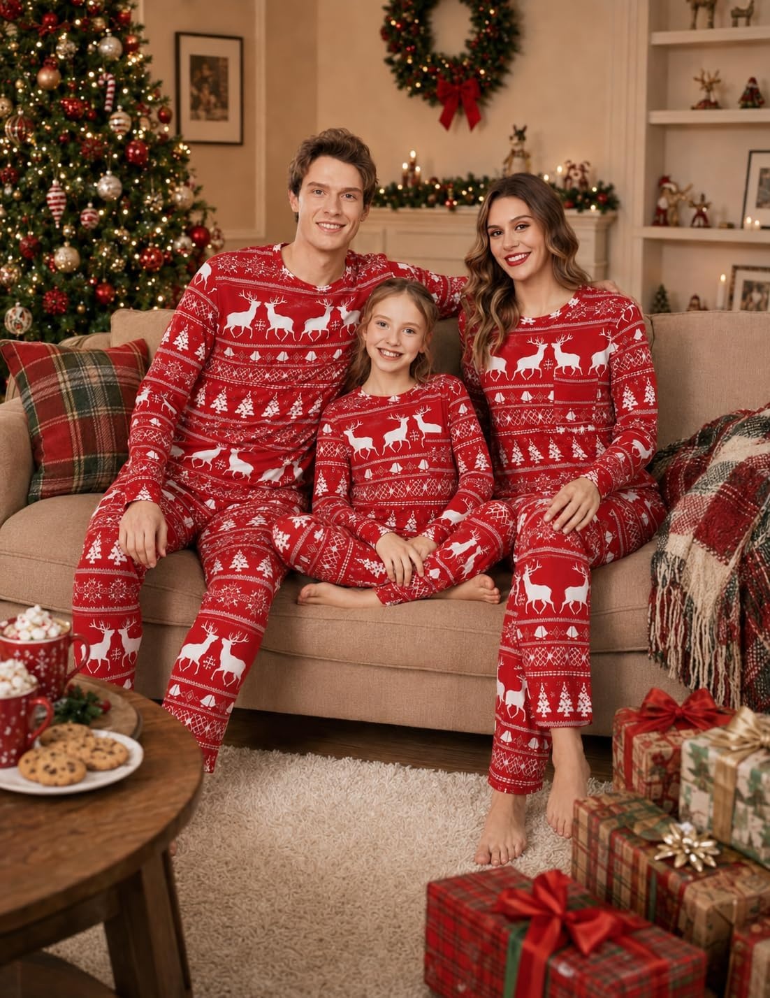 image:imageEkouaer Matching Family Sets Christmas Pajamas Set Xmas PJS SleepwearChristmas Reindeer Bell Redwhite