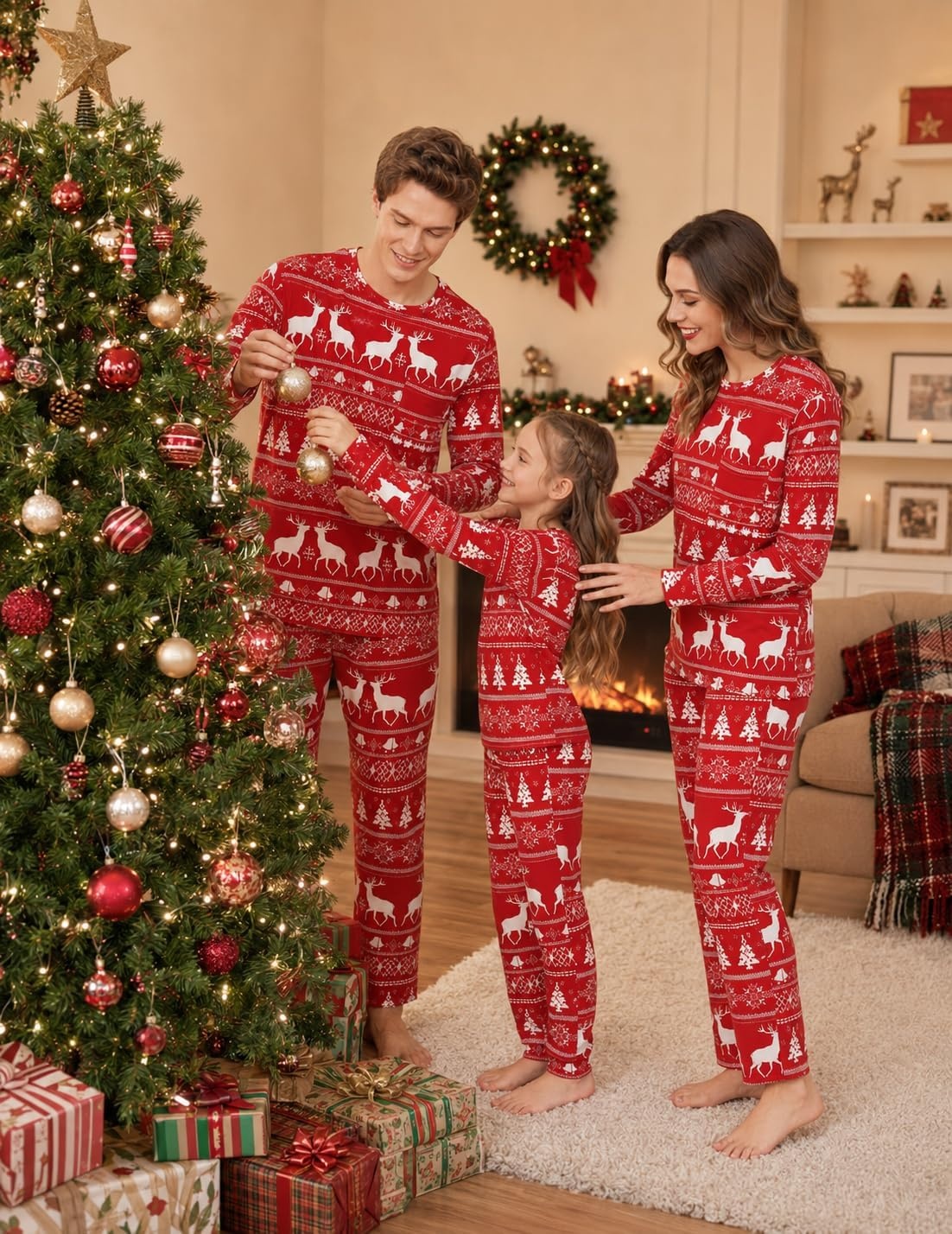 image:imageEkouaer Matching Family Sets Christmas Pajamas Set Xmas PJS SleepwearChristmas Reindeer Bell Redwhite