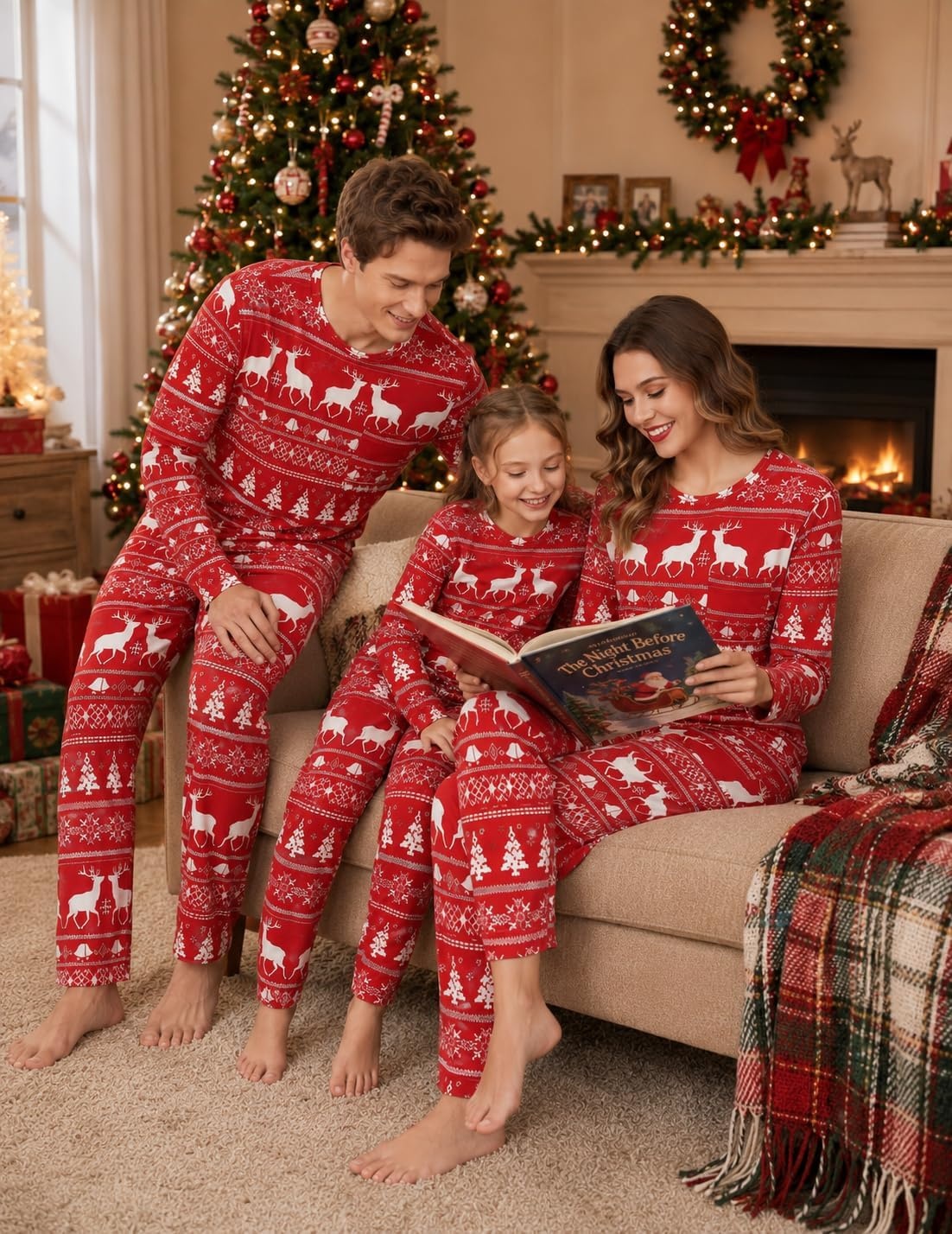 image:imageEkouaer Matching Family Sets Christmas Pajamas Set Xmas PJS SleepwearChristmas Reindeer Bell Redwhite