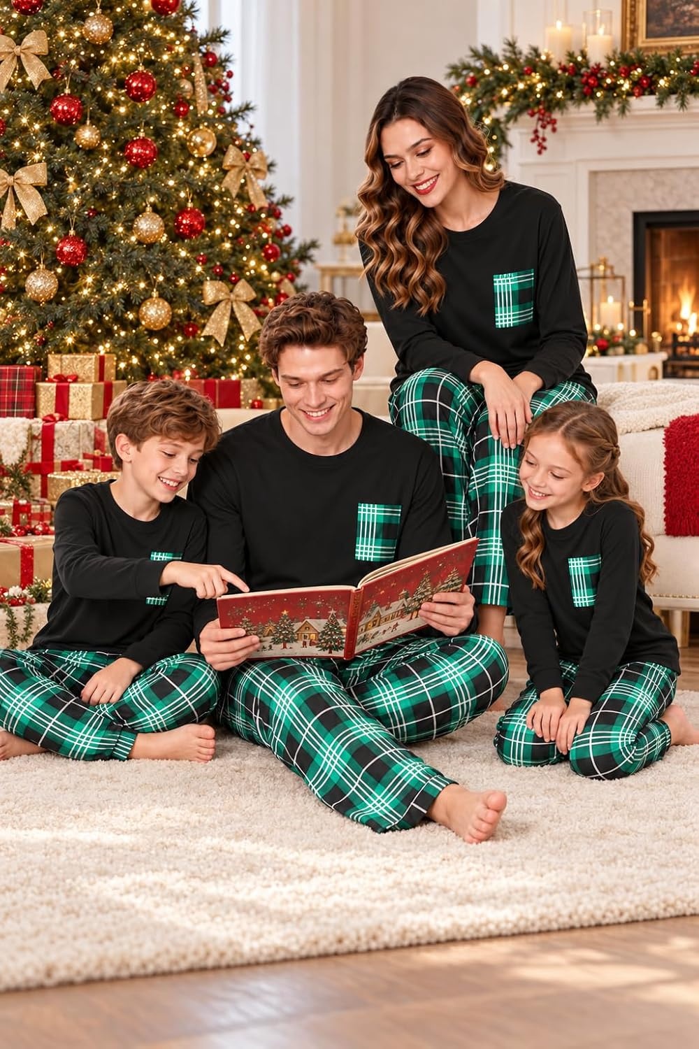 image:imageEkouaer Matching Family Sets Christmas Pajamas Set Xmas PJS SleepwearChristmas Tartan Plaid Pattern Greennavy Blue