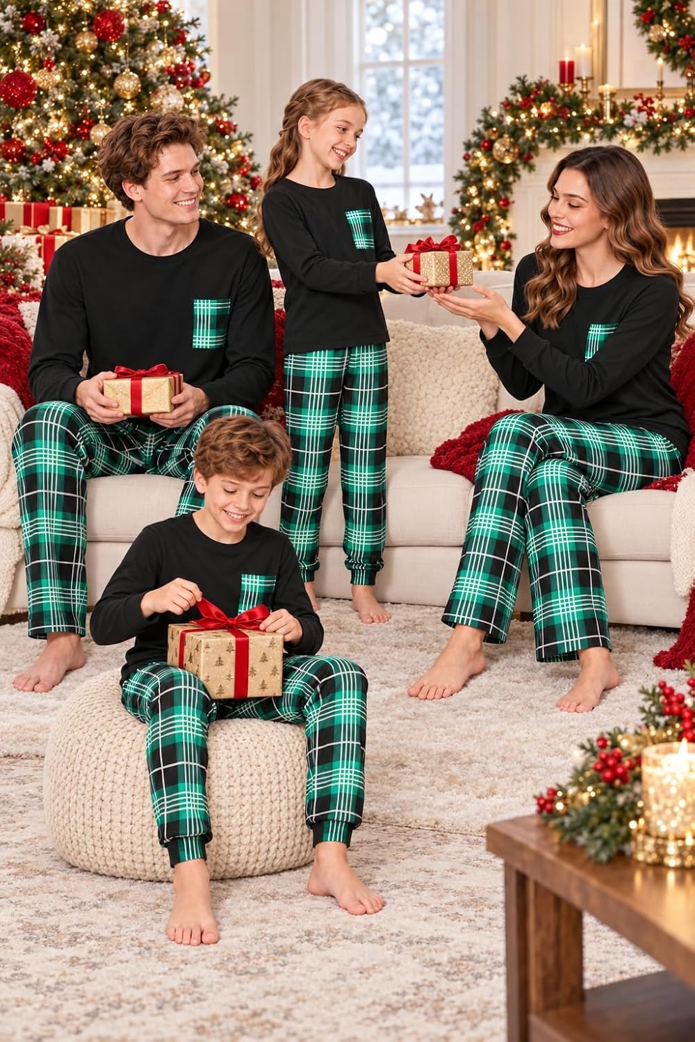 image:imageEkouaer Matching Family Sets Christmas Pajamas Set Xmas PJS SleepwearChristmas Tartan Plaid Pattern Greennavy Blue