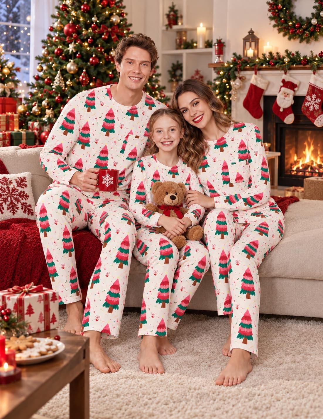 image:imageEkouaer Matching Family Sets Christmas Pajamas Set Xmas PJS SleepwearChristmas Tree Print Pink