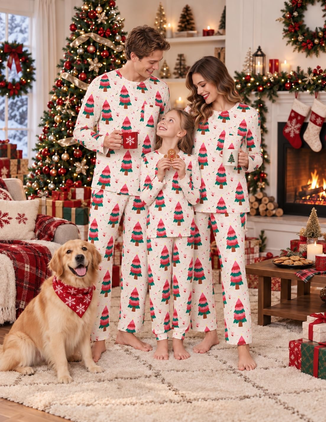 image:imageEkouaer Matching Family Sets Christmas Pajamas Set Xmas PJS SleepwearChristmas Tree Print Pink