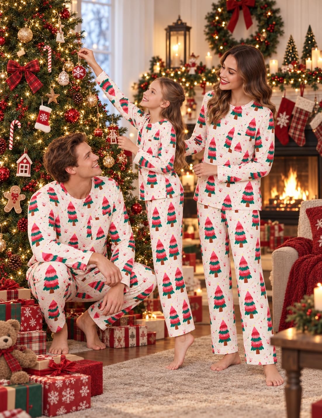 image:imageEkouaer Matching Family Sets Christmas Pajamas Set Xmas PJS SleepwearChristmas Tree Print Pink