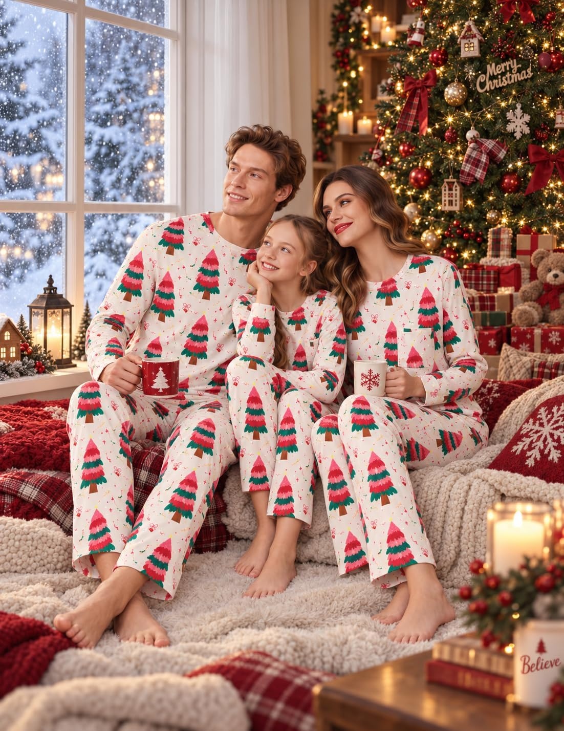 image:imageEkouaer Matching Family Sets Christmas Pajamas Set Xmas PJS SleepwearChristmas Tree Print Pink