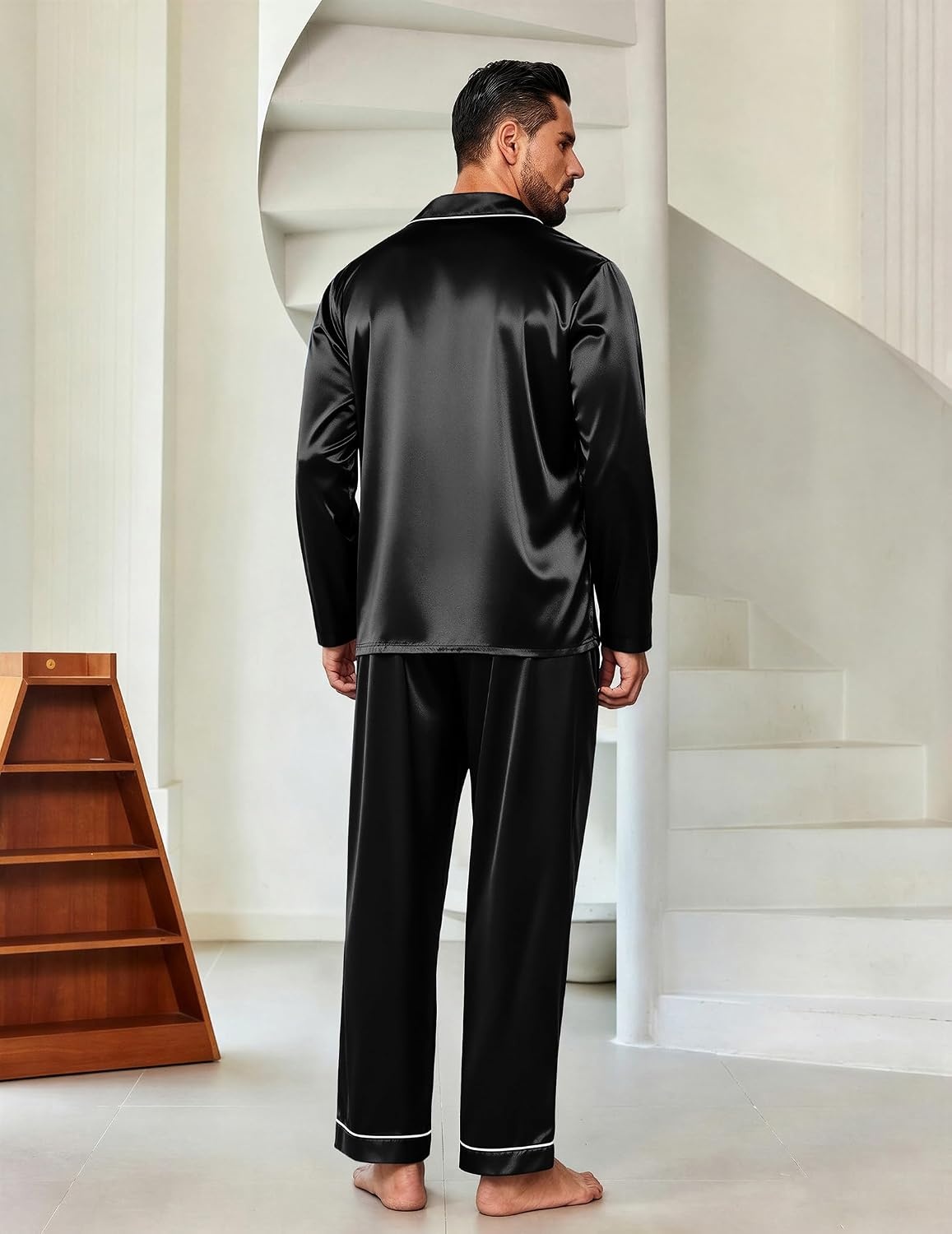 image:imageEkouaer Mens Pajamas Set Silk Satin Sleepwear Long Sleeve Button Down PjsBlack