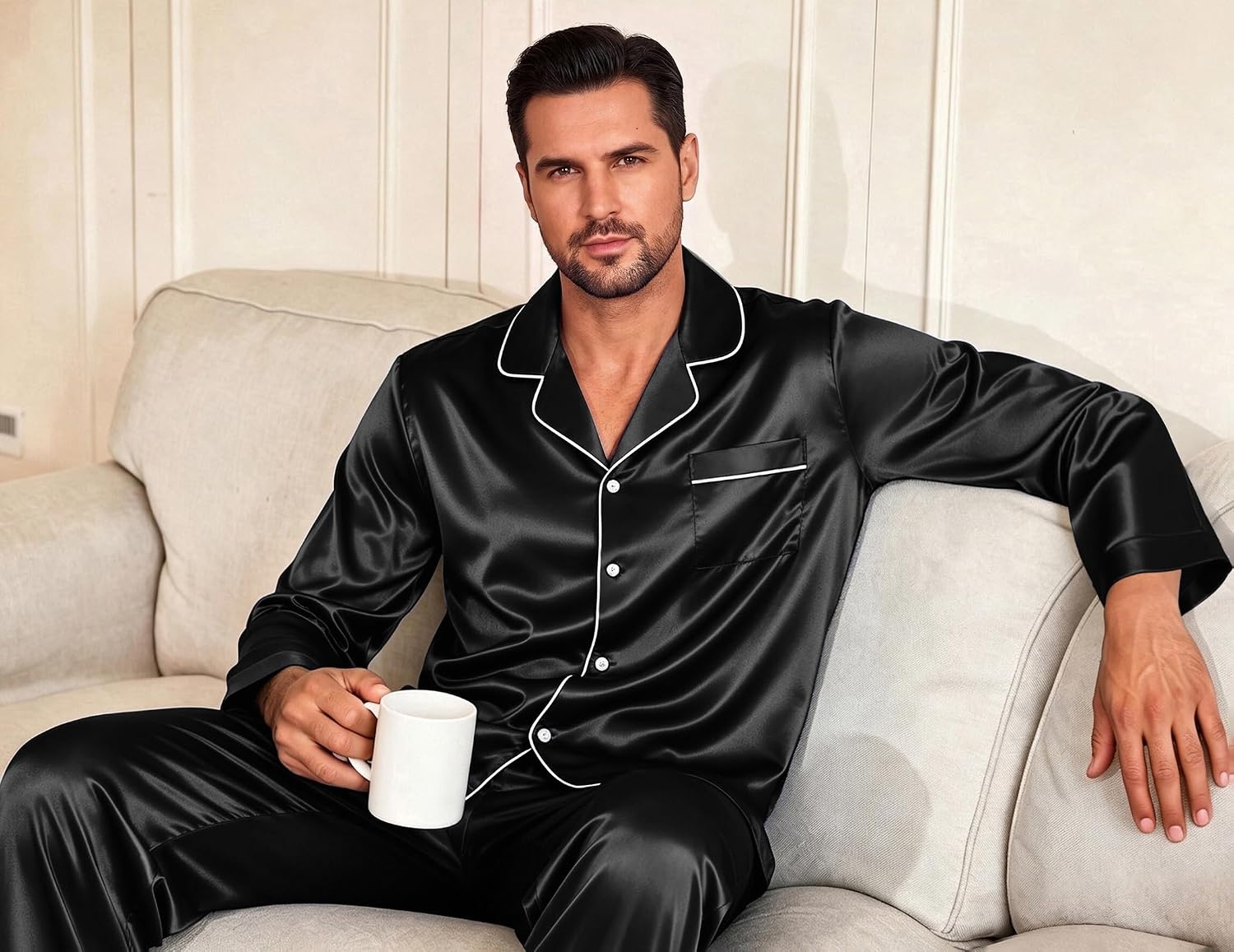 image:imageEkouaer Mens Pajamas Set Silk Satin Sleepwear Long Sleeve Button Down PjsBlack