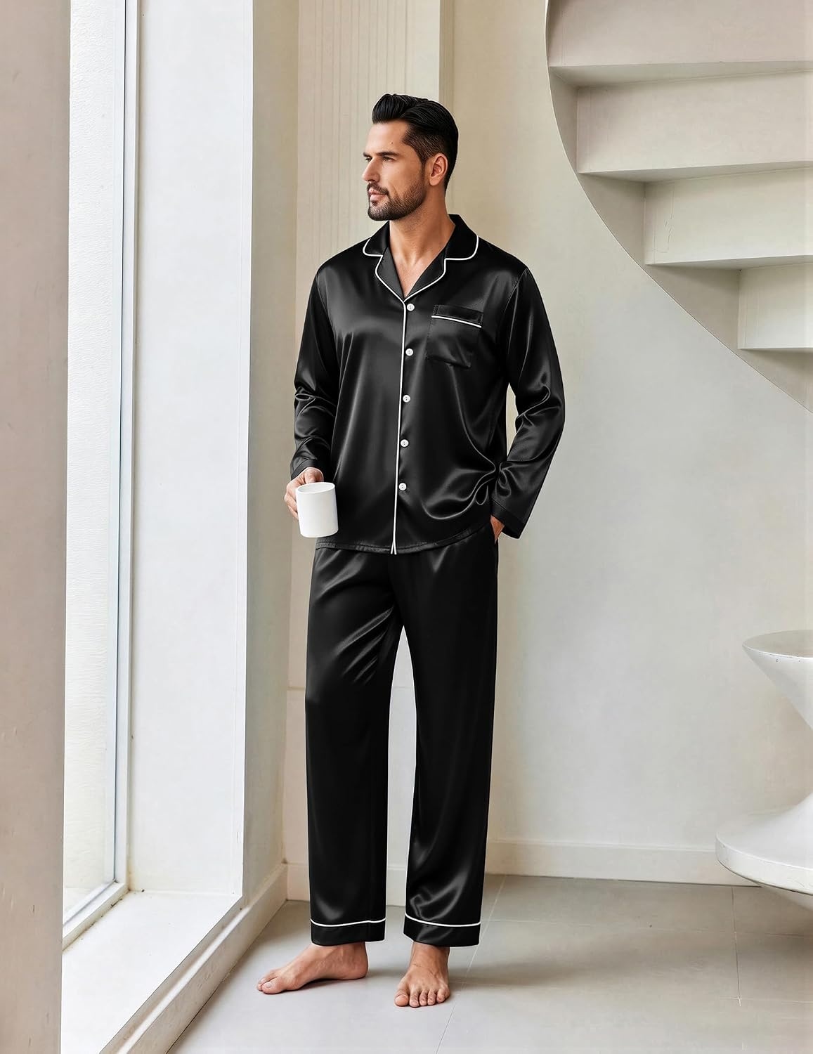image:imageEkouaer Mens Pajamas Set Silk Satin Sleepwear Long Sleeve Button Down PjsBlack