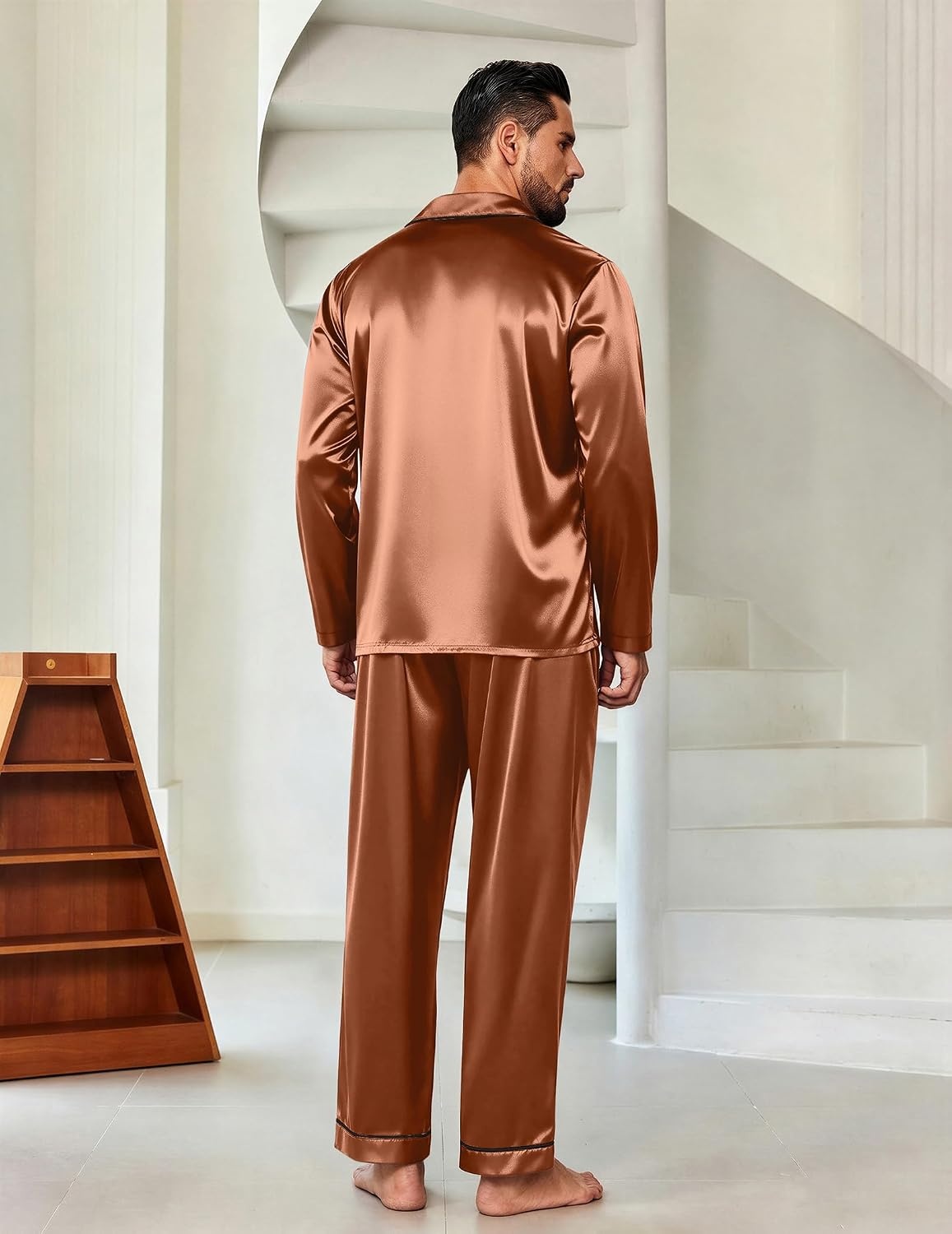 image:imageEkouaer Mens Pajamas Set Silk Satin Sleepwear Long Sleeve Button Down PjsBrown