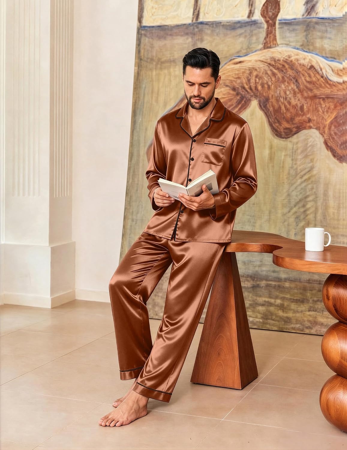 image:imageEkouaer Mens Pajamas Set Silk Satin Sleepwear Long Sleeve Button Down PjsBrown