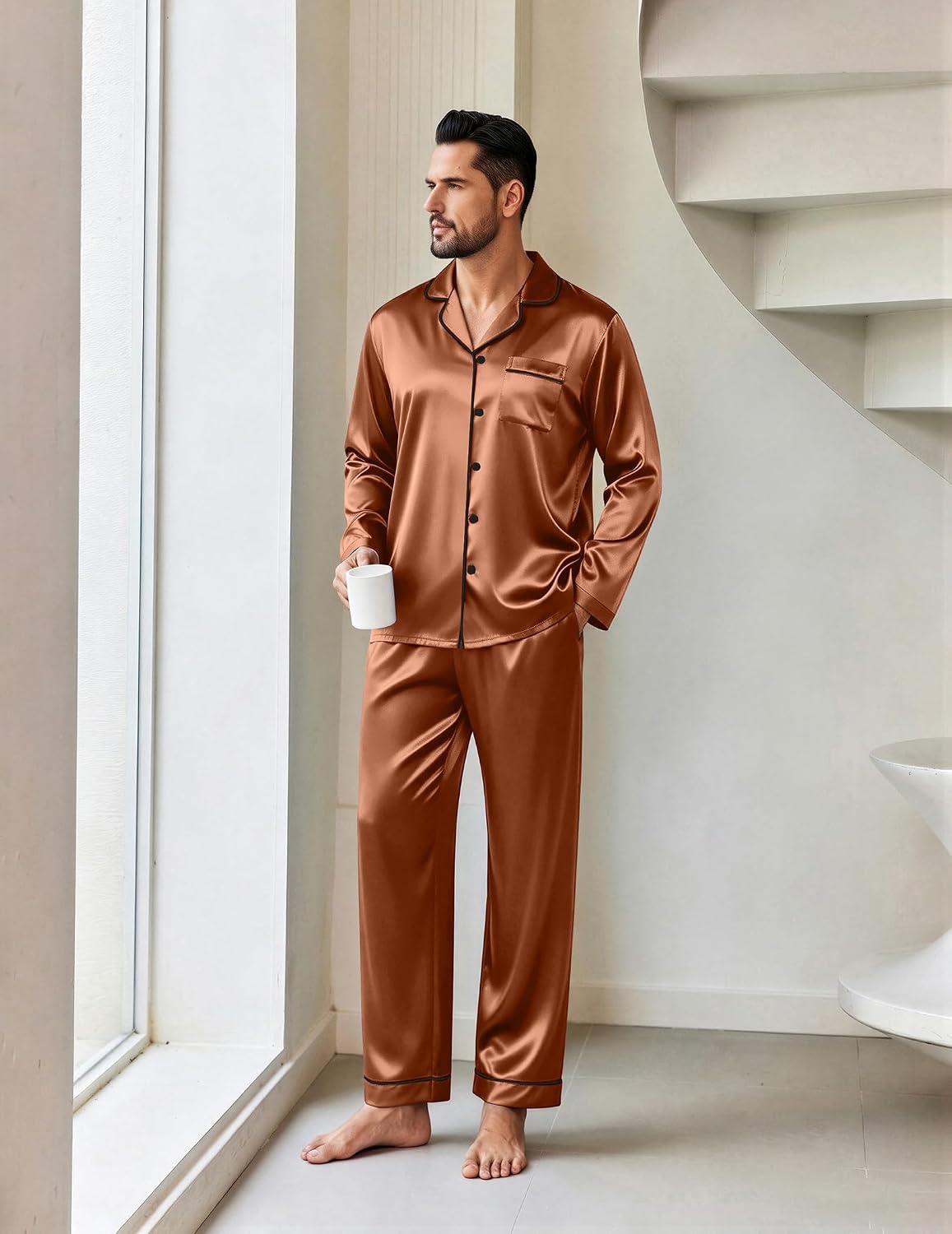 image:imageEkouaer Mens Pajamas Set Silk Satin Sleepwear Long Sleeve Button Down PjsBrown