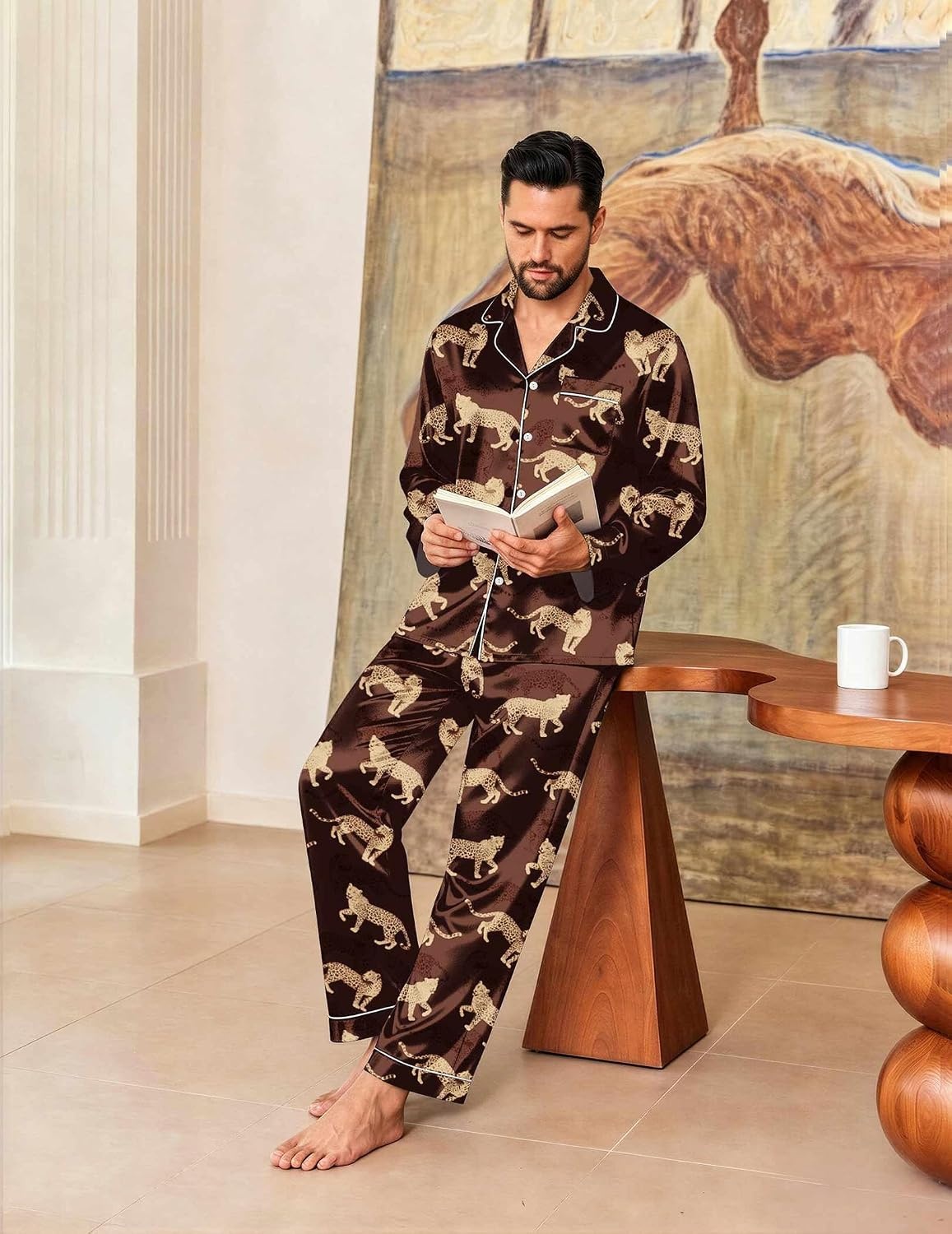 image:imageEkouaer Mens Pajamas Set Silk Satin Sleepwear Long Sleeve Button Down PjsBrown Cheetah