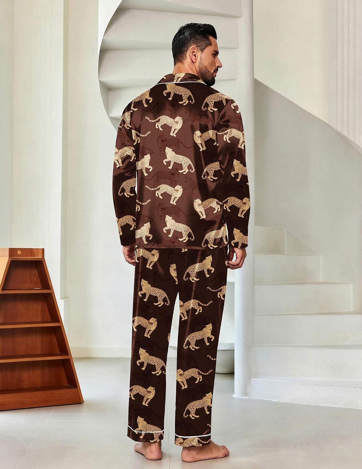 image:imageEkouaer Mens Pajamas Set Silk Satin Sleepwear Long Sleeve Button Down PjsBrown Cheetah
