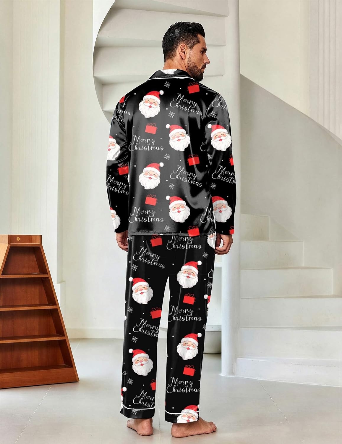 image:imageEkouaer Mens Pajamas Set Silk Satin Sleepwear Long Sleeve Button Down PjsChristmas Black