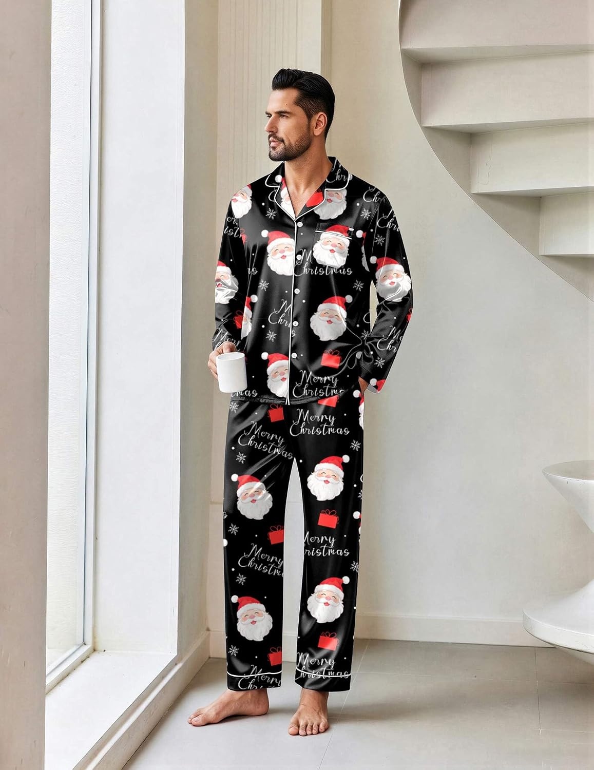 image:imageEkouaer Mens Pajamas Set Silk Satin Sleepwear Long Sleeve Button Down PjsChristmas Black