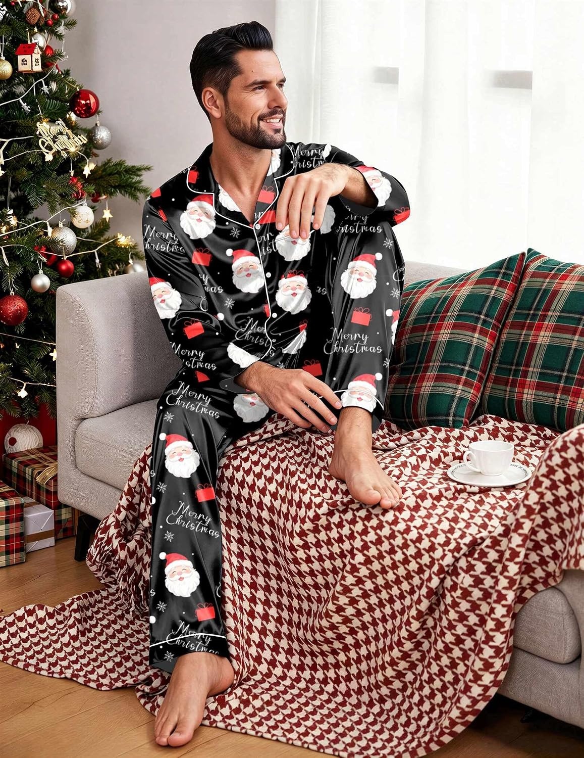 image:imageEkouaer Mens Pajamas Set Silk Satin Sleepwear Long Sleeve Button Down PjsChristmas Black