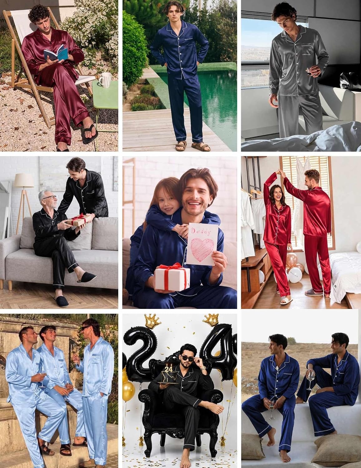 image:imageEkouaer Mens Pajamas Set Silk Satin Sleepwear Long Sleeve Button Down PjsChristmas Black