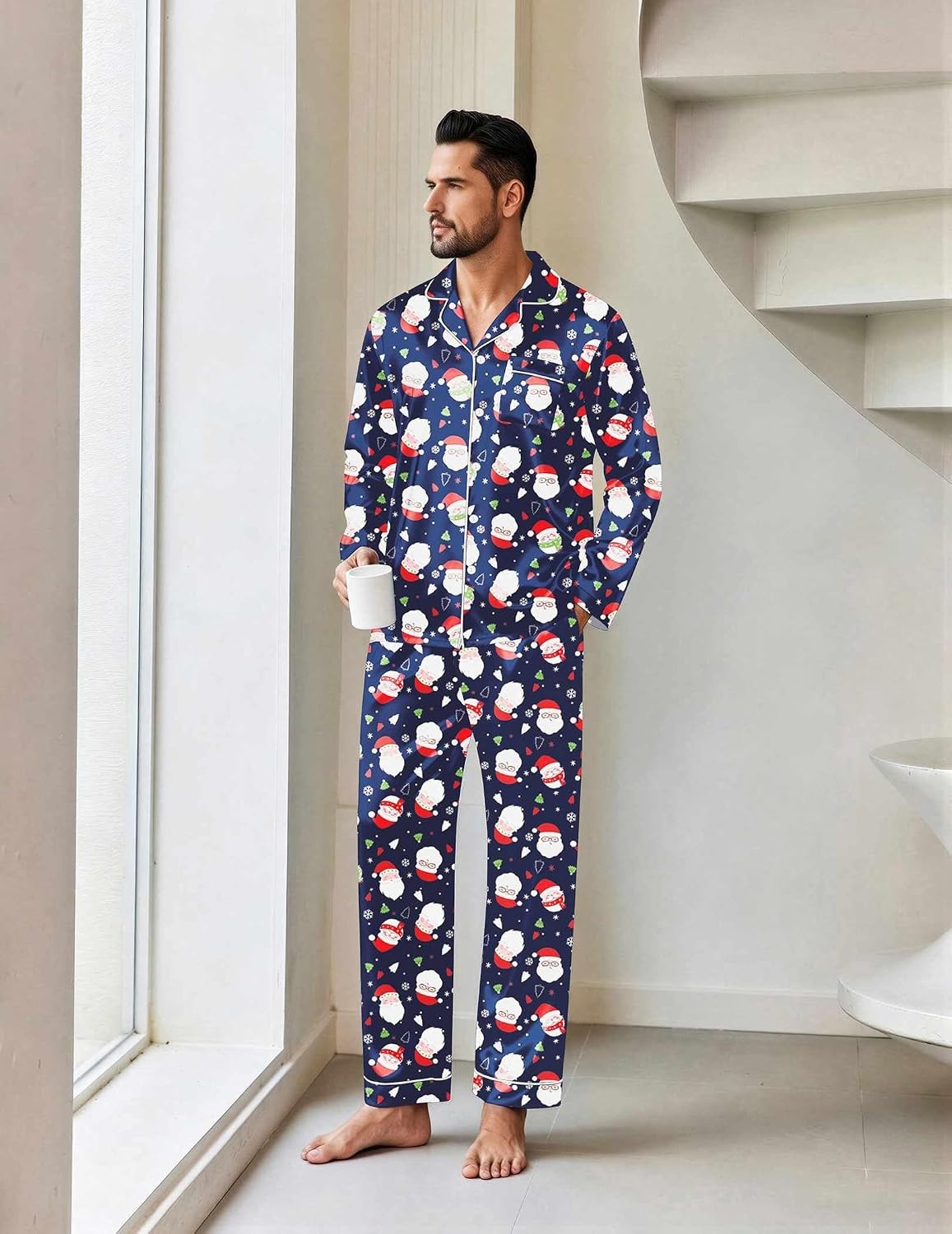 image:imageEkouaer Mens Pajamas Set Silk Satin Sleepwear Long Sleeve Button Down PjsChristmas Navy